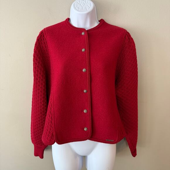 Vintage Geiger of Austria Boiled Wool Cardigan Sweater Red S/M Christmas Classic - Picture 1 of 16